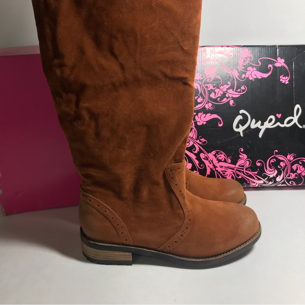 Qupid Rust Brown Vegan Suede Knee High Flat Bottom Boots Size 6 NIB - Picture 12 of 14
